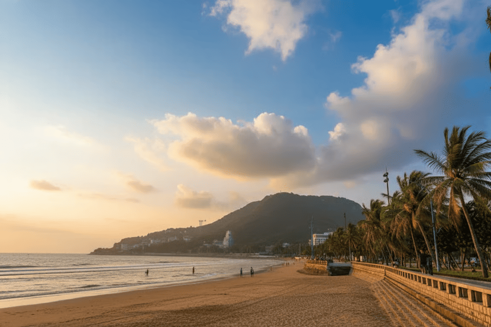 Front Beach's view against mountains and golden sky